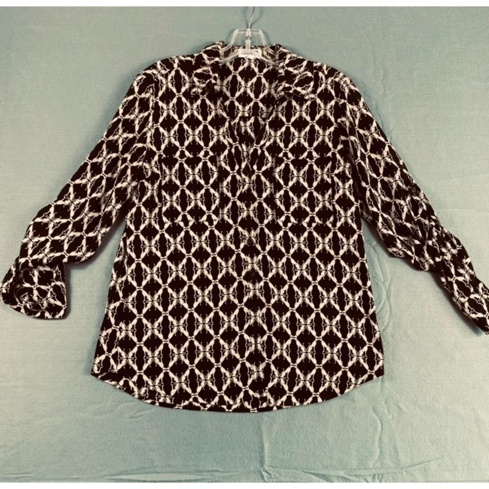 Express Portofino Button Up Shirt Women Sz M Slim Fit Dog Print Roll Tab Sleeve